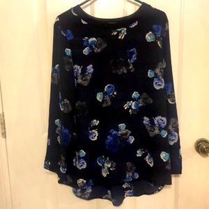 Long Sleeve Navy Blue Floral Print Blouse